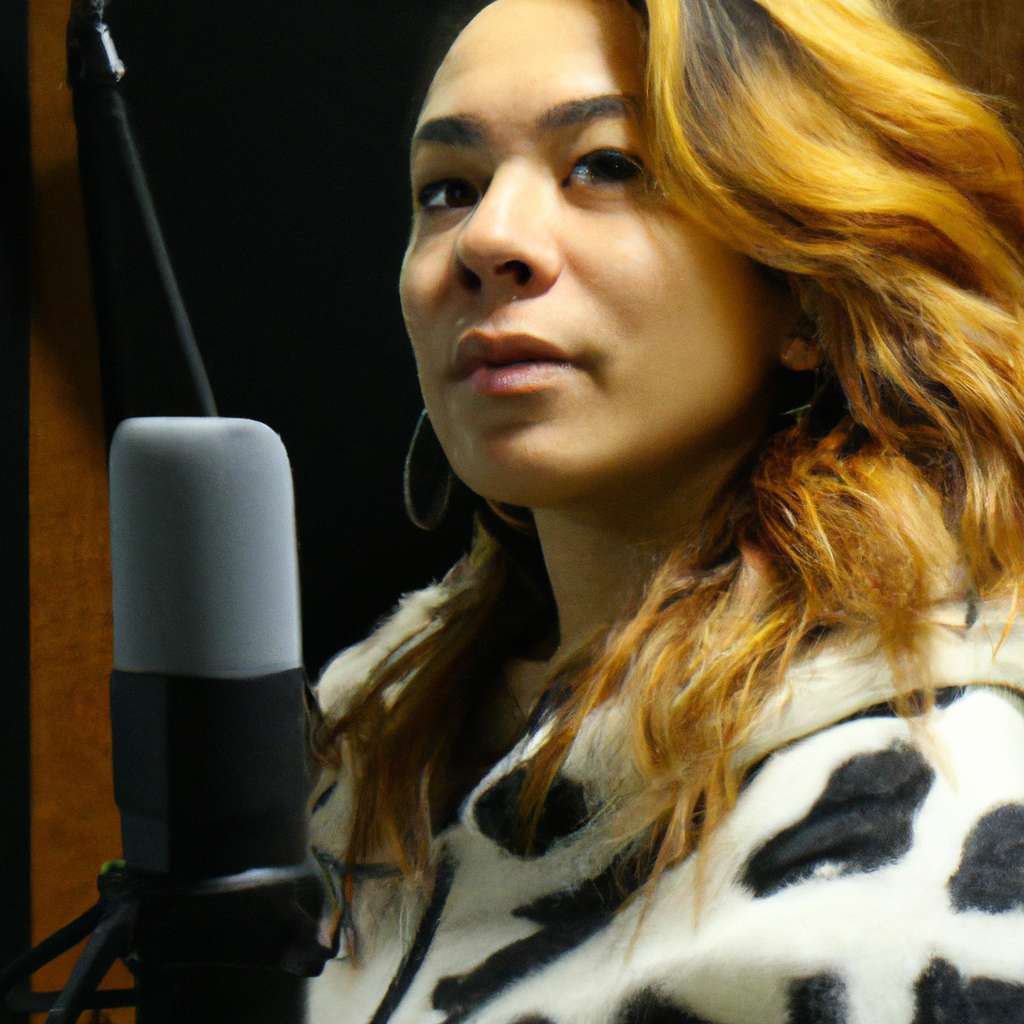 Portrait of instructor Sophia Martinez in audio studio with microphone
